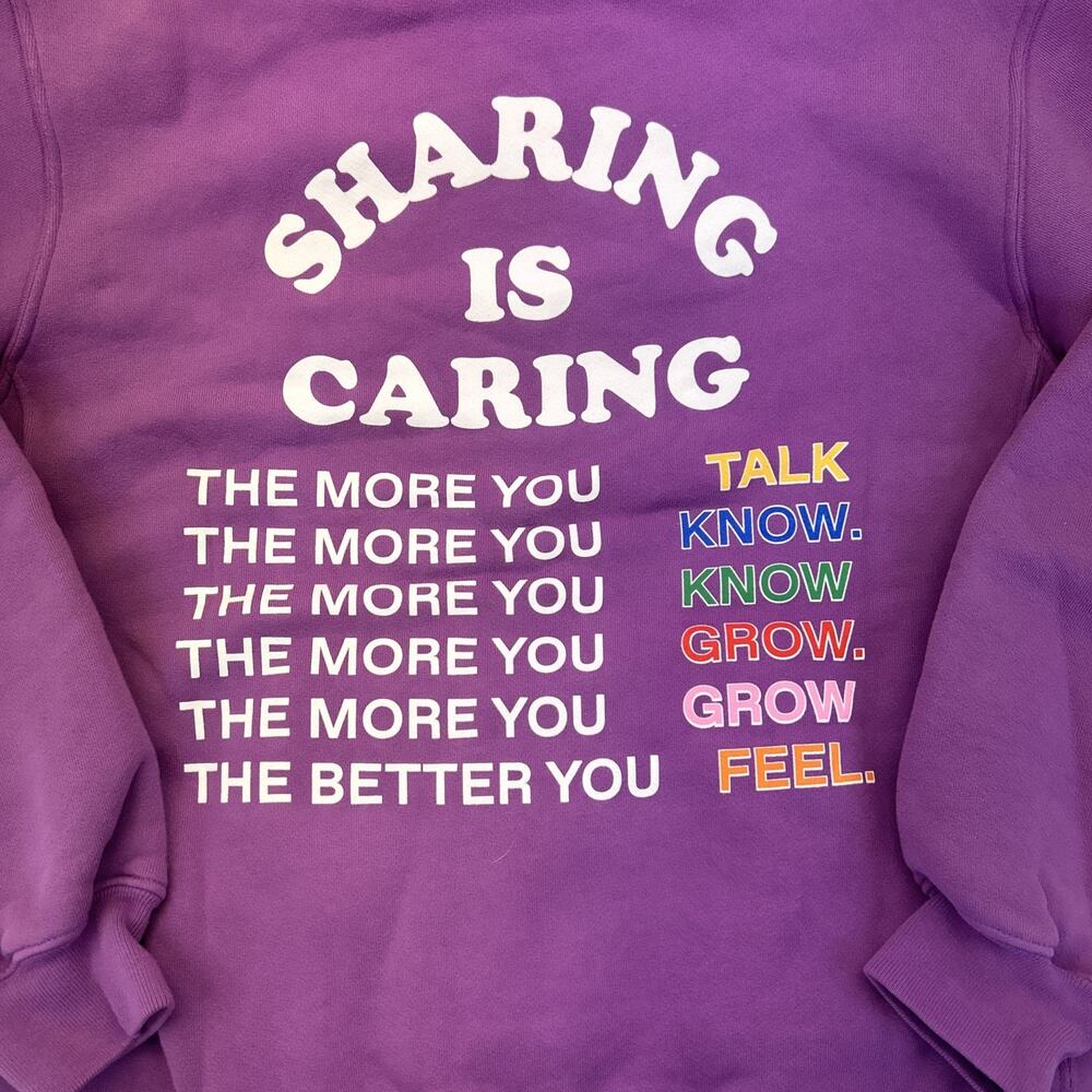 MadHappy Sweatshirt Hoodie Womans Small Purple Sharing Is Caring Local Optimist